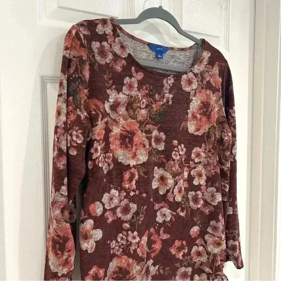 Apt 9 Floral Long Sleeve Round Neck Blouse Sz L Maroon Side Tie Shirt Fall Boho - Picture 3 of 11